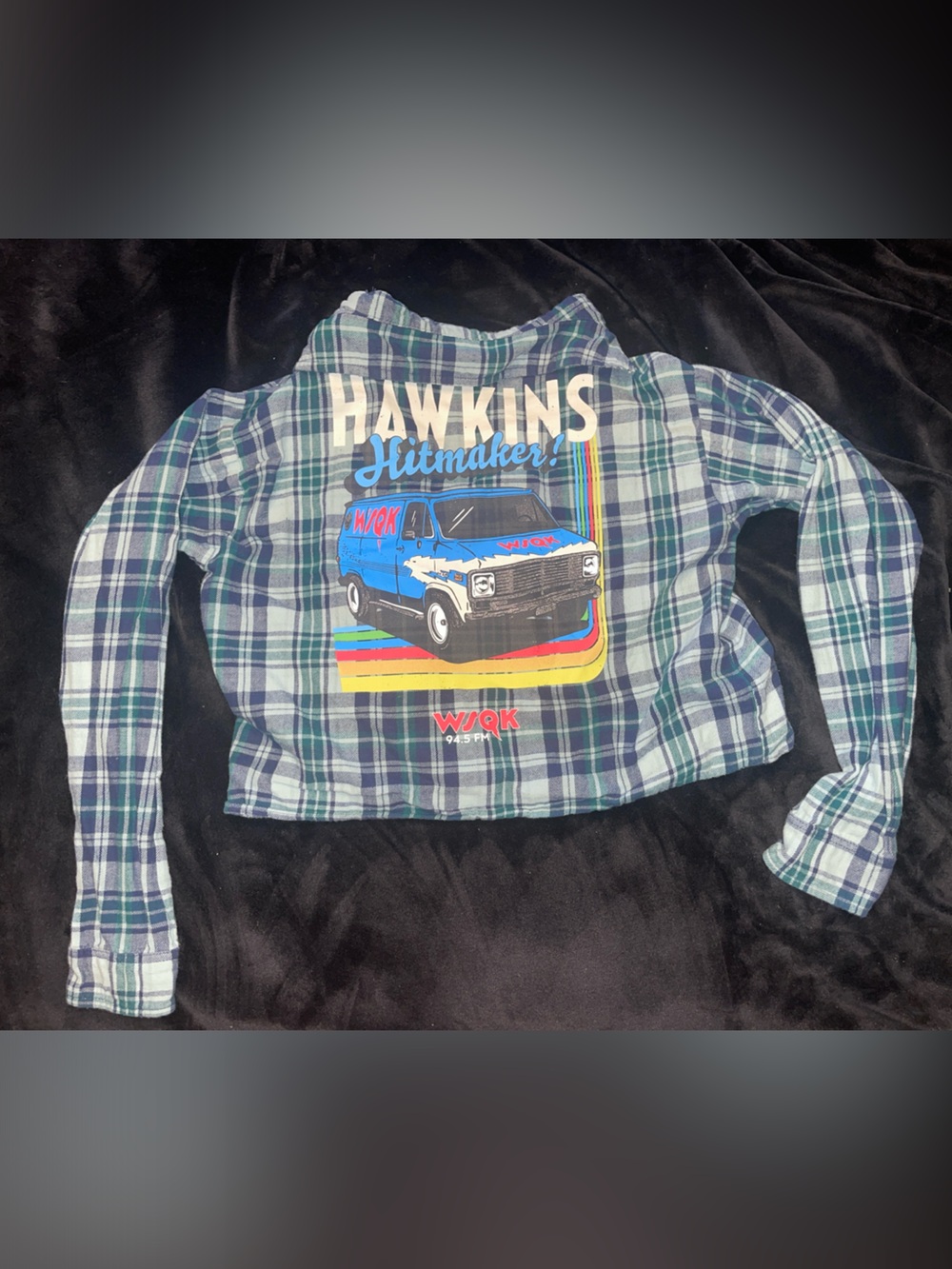 Stranger Things blue & Green Plaid Button-Down with Van Graphic Back